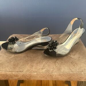Transparent Slingback Wedge Sandals with Black Flower Accent
